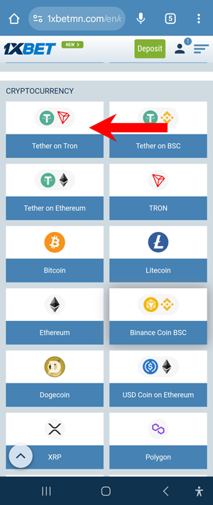 1xBet Tether (USDT) on Tron cryptocurrency deposit option