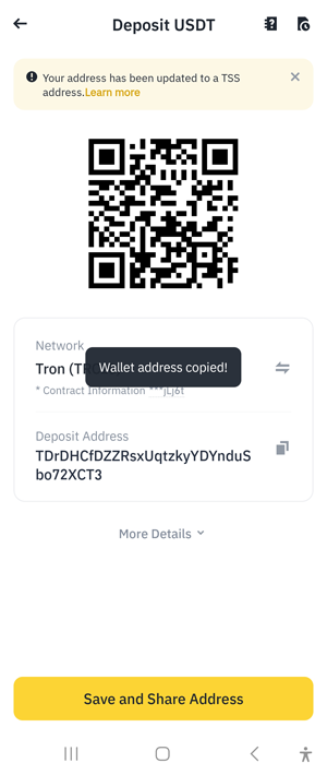 Binance account - deposit USDT cryptocurrency copy the address