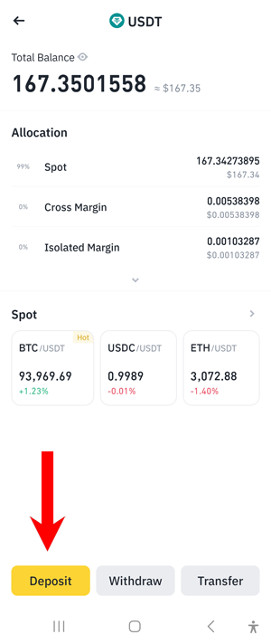 Binance account - deposit USDT cryptocurrency