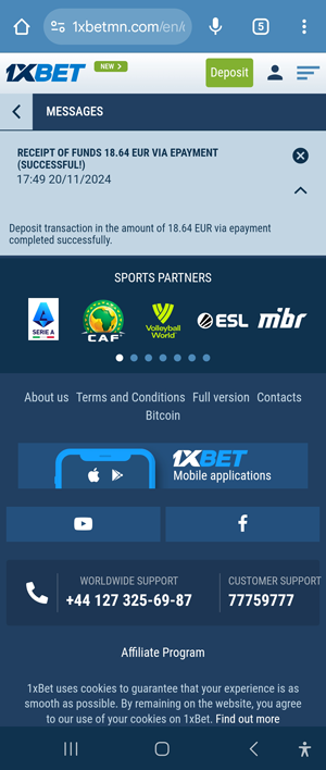 Deposited crypto funds in 1xBet account