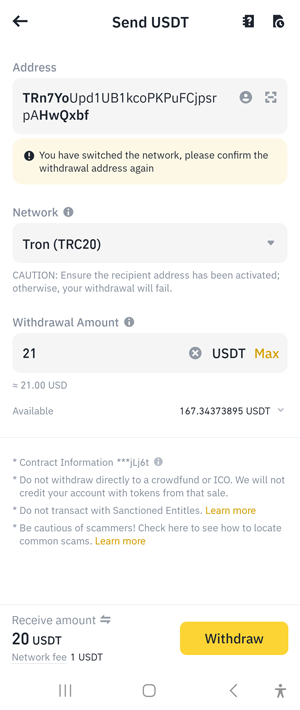 Sending USDT cryptocurrency from Binance to 1xBet account