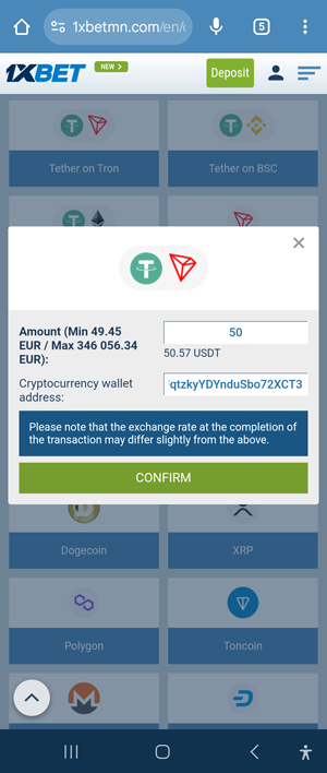 Withdraw cryptocurrency from 1xBet